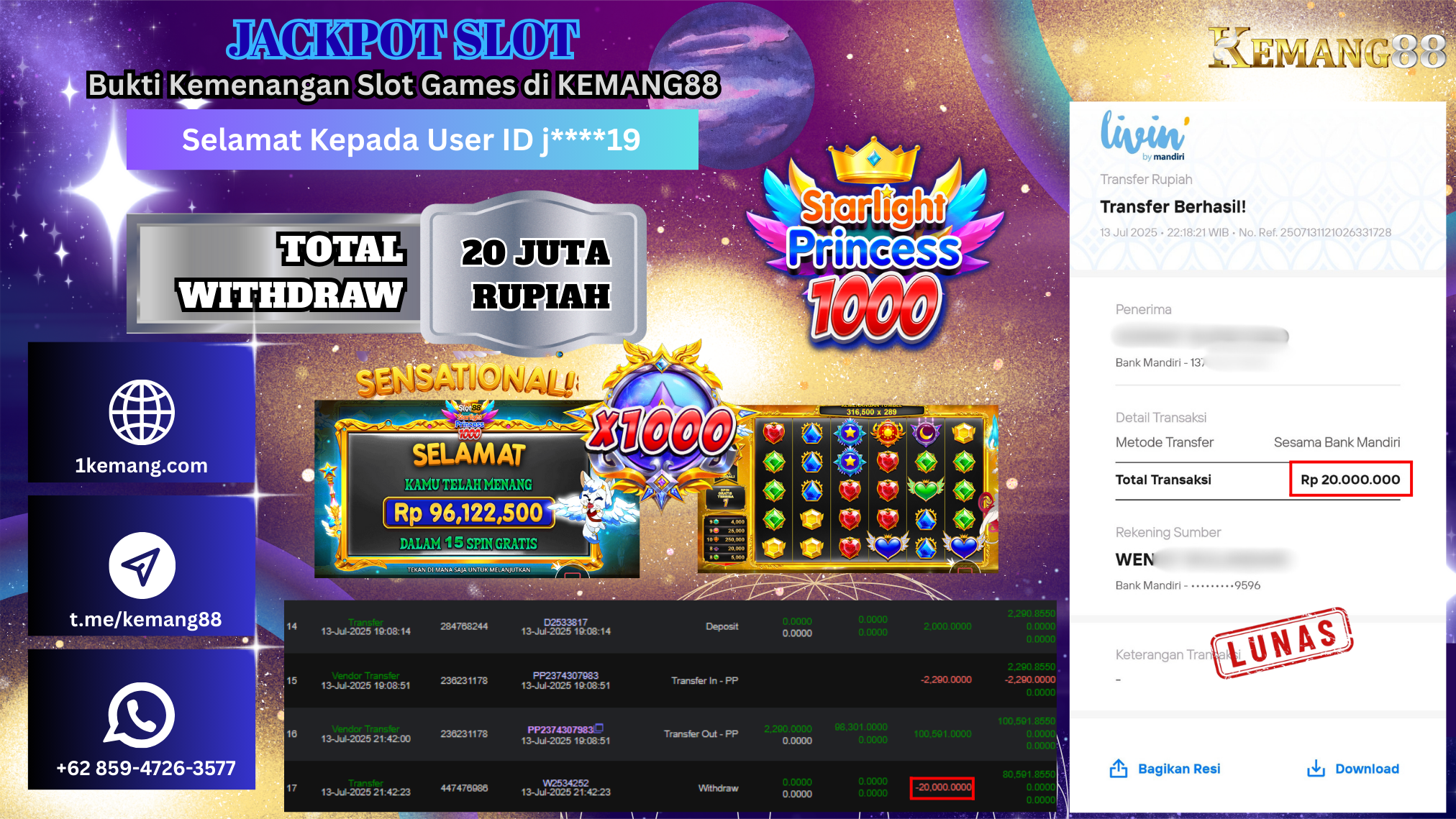 KEMANG88 [14 JULY 2025] : JACKPOT SLOT :  SLOT88 STARLIGHT PRINCESS 1000 [PP]  Rp.20.000.000.,- LUNAS [1]